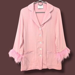 Sleeper Pink Collared V-Neck Long Sleeve Button-Up Feather Trim Party Pajama Top